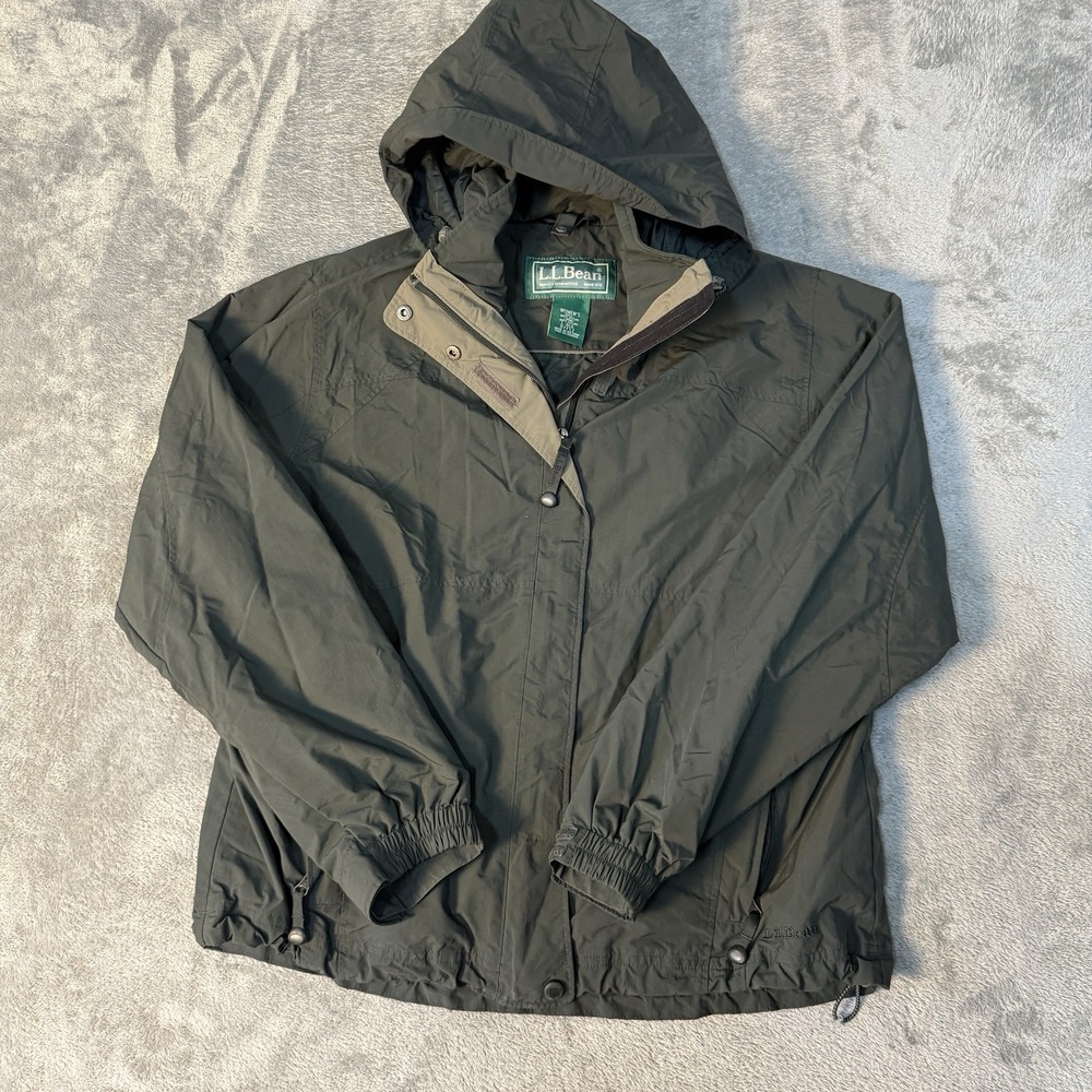 L.L. Bean Rain Jacket Womens L Reg Green Waterproof Hooded Windbreaker